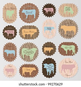 Beef and milk cattle farmers market food labels illustration collection background vector