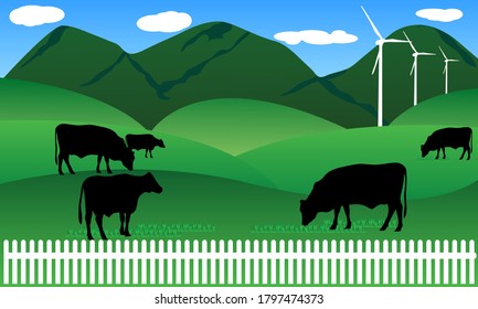 beef milk cow in farm in wild nature with mountain landscape view vector illustration