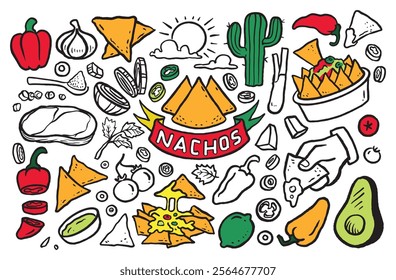 Beef nachos doodle, mexican food vector