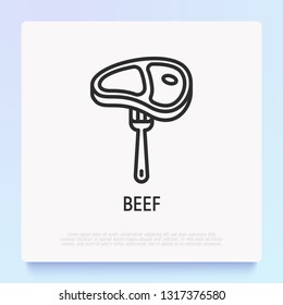 Beef on fork thin line icon. Steak house logo. Modern vector illustration.