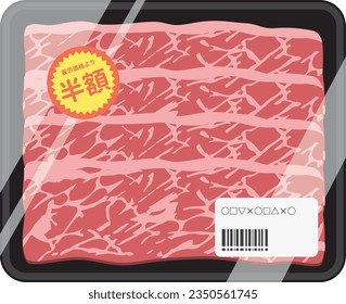 Carne de vacuno en un envase (con etiqueta adhesiva a medio precio)

Hay una descripción en japonés que dice "mitad de precio del precio mostrado"