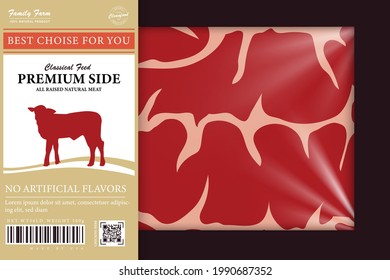 Beef packaging or label. Cow icon. Meat beefsteak texture. Butcher's shop design elements