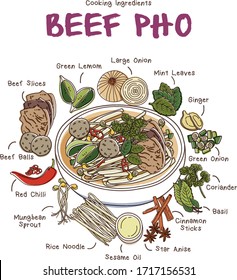 Beef Pho and Rice noodle Ingredients Set  Vietnam Cuisine Recipe Illustration 
