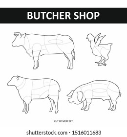 Beef, pork, chicken and lamb meat cuts diagram with black silhouettes of farm animals with marked parts and cutting lines isolated on white background, for butcher shop or food design