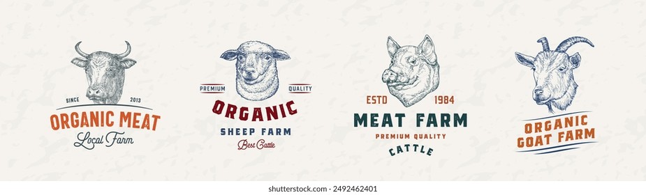 Rind- und Schweinefleisch Abzeichen Logo Vorlagen Kollektion. Handgezeichnete Haustiere Gesichter Skizzen mit Retro-Typografie. Klassische Gravur Embleme Design Set. isoliert