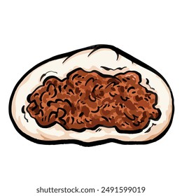 Beef or pork meat bun. Bakpao daging food illustration isolated on square white background. Simple flat cartoon art styled drawing.