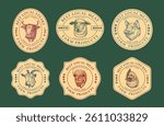 Beef Pork Meat and Poultry Farm Retro Framed Badges Logo Templates Collection. Hand Drawn Domestic Animals and Birds Sketches Cow Chicken Pig with Retro Typography. Vintage Sketch Emblems Set Isolated