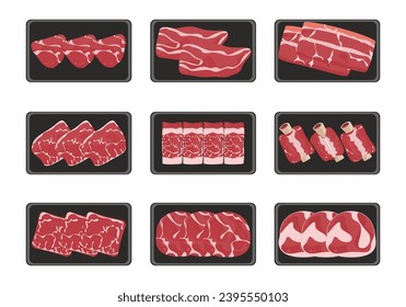 Beef pork packaging, a set of supermarket meat packages, isolated white beef and pork steak Vector illustration Isolated on the background, easy to edit.