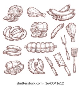 Beef and pork sketches, sausages, butcher and barbecue tools. Meat food vector sketches. Salami, ham, chicken and turkey legs, smoked frankfurter, pepperoni and wurst, knives, bbq meat fork