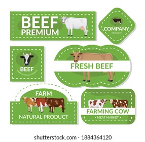 Beef premium logo set. Farm premium organic natural product labels, fresh meat company green emblems cartoon vector illustration