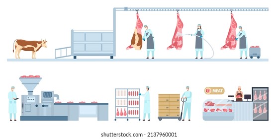 Beef Product Manufacture Process Infographic From Farm Cow To Market. Meat Food Production And Distribution. Sausage Factory Line Vector Set. Employees Working On Different Stages With Meat