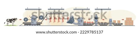 Beef production infographic. Meat production process. Industrial line from cow, meat storage, processing, packaging, distribution. Food manufacturing factory, plant. Concept. vector illustration. 
