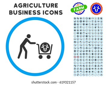 Beef Purchase rounded icon with agriculture commercial glyph set. Vector illustration style is a flat iconic symbol inside a circle, blue and gray colors. Designed for web and software interfaces.