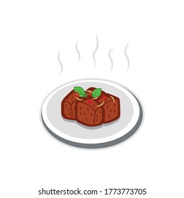 Beef Rendang Indonesian Food Logo Vector Illustration.