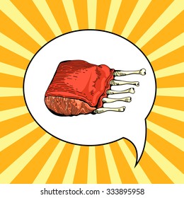 Beef rib illustration in pop art style. Menu for restaurant or cafe. Rib roast grilled. Vector barbecue vintage poster. Meat in pop art comic style. Rib hand drawn image