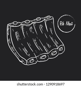beef rib meat with black and white sketch or hand drawn style on chalkboard background