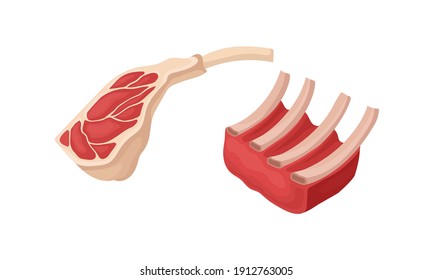 Rippe für Rindfleisch als rotes Fleischerzeugnis zum Kochen und Essen von Vektorset