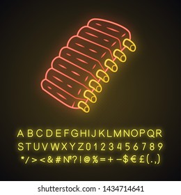 Beef ribs neon light icon. BBQ lamb, pork baby-back ribs on bone. Meat, farm food. Butcher shop product. Restaurant menu. Glowing sign with alphabet, numbers and symbols. Vector isolated illustration