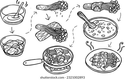 Beef Roll Enoki Recipe Black and White Line Art Illustration