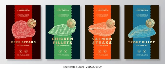 Beef and Salmon Steak, Chicken Fillets Vector Packaging Label Design Templates Set. Product Banner, Hand Drawn Meat, Fish and Poultry Sketches. Food Background Layout with Gold Foil. Isolated