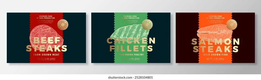 Beef and Salmon Steak, Chicken Fillets Vector Packaging Label Design Templates Set. Product Banner, Hand Drawn Meat, Fish and Poultry Sketches. Food Background Layout with Gold Foil. Isolated