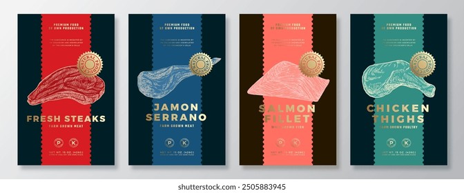 Beef and Salmon Steak, Chicken Thighs, Jamon Vector Packaging Label Design Templates Set. Product Banner, Hand Drawn Meat, Fish and Poultry Sketches. Food Background Layout with Gold Foil Isolated