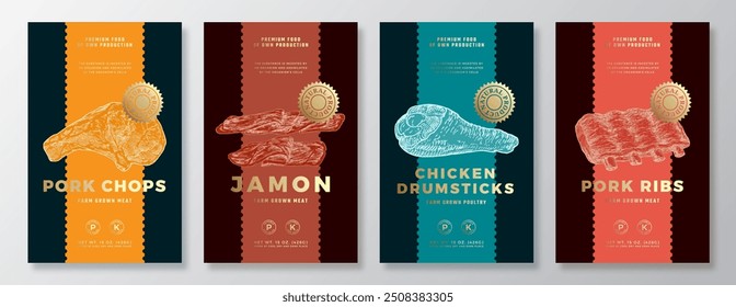 Beef and Salmon Steak, Chicken Thighs, Jamon Vector Packaging Label Design Templates Set. Product Banner, Hand Drawn Meat, Fish and Poultry Sketches. Food Background Layout with Gold Foil Isolated