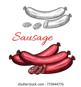 Beef sausage isolated sketch of fresh meat product. Smoked meat sausage or frankfurter with minced beef, bacon and black pepper. Snack sausage sticks for butcher shop or meat store design