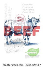 Beef shop advertising poster with vintage cow sketch. Butcher market retro print. Butchery label creative typography template. Natural farm product placard engraving bull hand drawn artwork. Vector