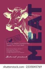 Beef shop poster. Vintage sketch cow head on colored background. Butcher market retro print. Butchery label creative typography template. Natural farm meat eps placard. Engraving bull drawing artwork