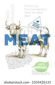 Beef shop poster. Vintage sketch cow with advertising text. Butcher market retro promo print. Butchery label creative typography template. Natural farm product placard engraving bull drawing artwork