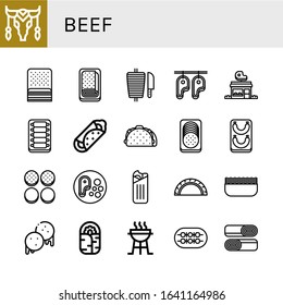 beef simple icons set. Contains such icons as Cow, Bacon, Meatloaf, Shawarma, Steak, Butcher shop, Ribs, Burrito, Taco, Sausage, Burger bun, can be used for web, mobile and logo