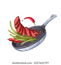 Beef slices, chili peppers and green beans falling on cartoon pan. Flying and tossing grilled meat and vegetables ingredients on kitchen skillet. Culinary mascot, cartoon hot pan vector illustration