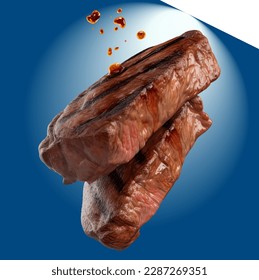 Carne de ternera, 3d, filete a la parrilla poco frecuente, ultra realista, icono, caída volando, detallado, foto de comida