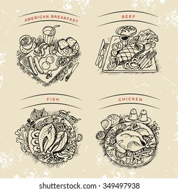 Beef steak, American breakfast, fish and chicken vector images with a side dish of vegetables. Hand-drawn images on neutral background