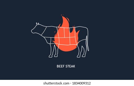 Beef Steak. Barbecue, Butchery Logo. Cow, Bull Silhouette With Fire, Flame. Butcher's Diagram Template. Restaurant Menu Design. Vector Illustration