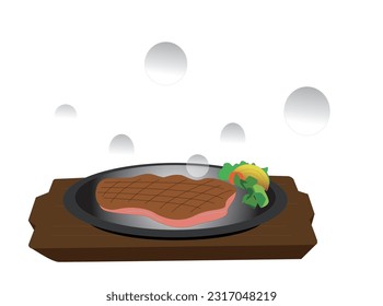 A beef steak is being cooked on an iron plate.