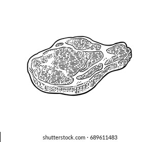 Beef steak with bone top view. Vintage black vector engraving illustration. Isolated on white background.