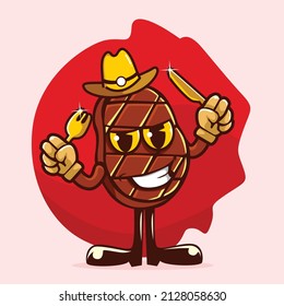 Beef steak cartoon character standing holding fork and knife