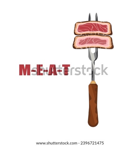 Beef steak cut into pieces, skewered on a fork, raw and ready to eat. Cooking barbecue Grilled food, vector illustration.