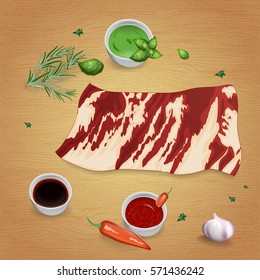 Beef steak with delicious sauces and spices. Mustard, ketchup, garlic, pepper, rosemary, basil, thyme. For use as logos on cards, in printing, posters, invitations, web design and other purposes.
