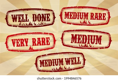 Beef steak doneness rubber stamps vector imprints collection - very rare, medium rare, medium, medium well and well done