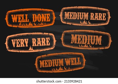 Beef steak doneness rubber stamps vector set on a chalkboard - very rare, medium rare, medium, medium well and well done