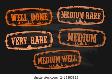 Beef steak doneness rubber stamps collection - very rare, medium rare, medium, medium well and well done