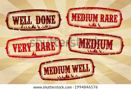 Beef steak doneness rubber stamps vector imprints collection - very rare, medium rare, medium, medium well and well done