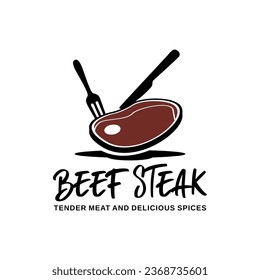 Beef steak, fork and knife slicing meat for grilled restaurant vector logo