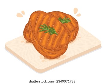 Beef Steak, grilled meat with rosemary, Food hand drawn, vector illustration.