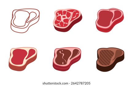 Beef Steak Icon Set  Grilled Meat, Ribeye Cut, Raw Steak Vector Pictogram for BBQ and Food Design