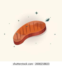 ilustración del filete de ternera. filete de buey a la parrilla. varios tipos de hojas.  ilustración vectorial