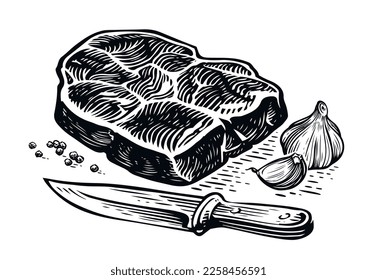 Beef steak and knife, cooking spices. Cooking food, grilling meat concept. Sketch hand drawn vector illustration